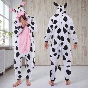 Spooktacular Creations Unisex Cow Pajama Plush Jumpsuit – Size M – NWOT!